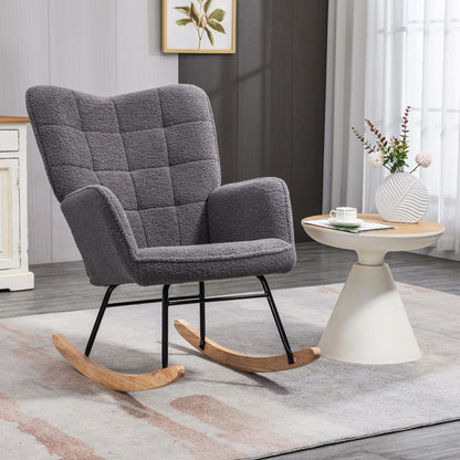 Dark grey HOMCOM Berber fleece nursery glider rocker with wingback design, ideal for nursing and living room comfort.