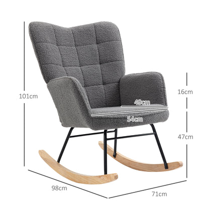 Dark grey HOMCOM Berber fleece nursery glider rocker chair with wingback design, ideal for nursing and living room relaxation.