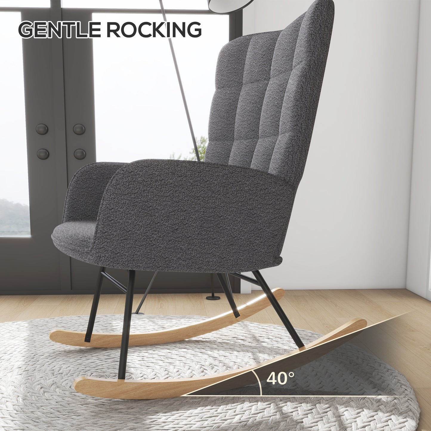 Dark grey HOMCOM Berber fleece nursery glider rocker chair with wingback design, ideal for nursing and living room comfort.