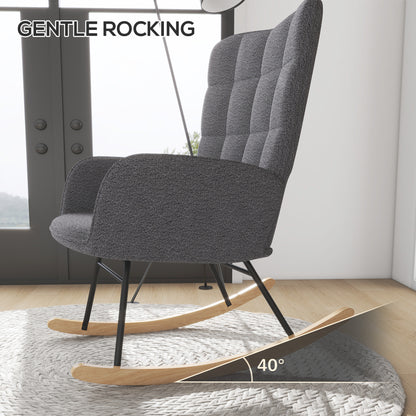 Dark grey HOMCOM Berber fleece nursery glider rocker chair with wingback design, ideal for nursing and living room comfort.