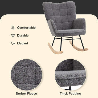 Dark grey HOMCOM Berber fleece nursery glider rocker with wingback design, ideal for nursing and living room relaxation.