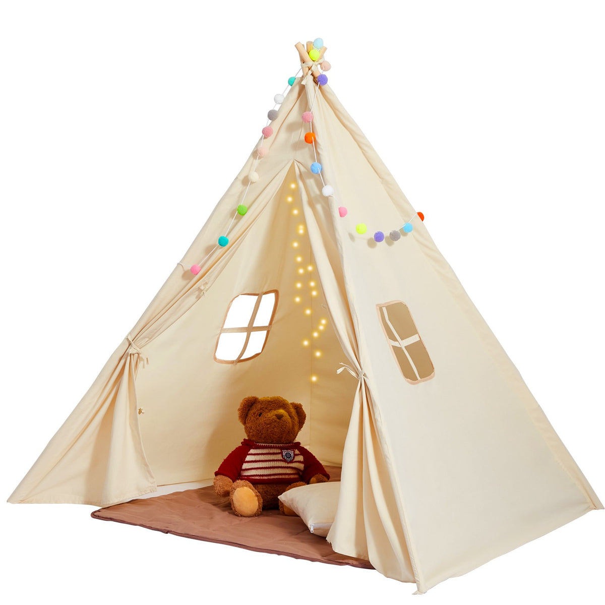 Beige HOMCOM kids teepee play tent with matching mat and decorative balls set up indoors or outdoors.