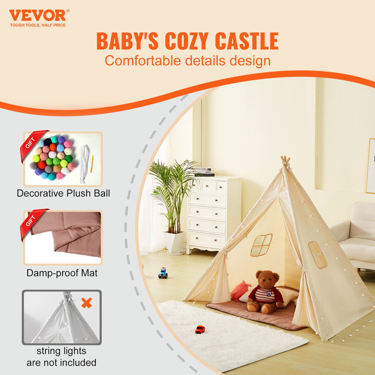 HOMCOM kids beige teepee play tent with mat and decorative balls, ideal for indoor and outdoor playhouse adventures.
