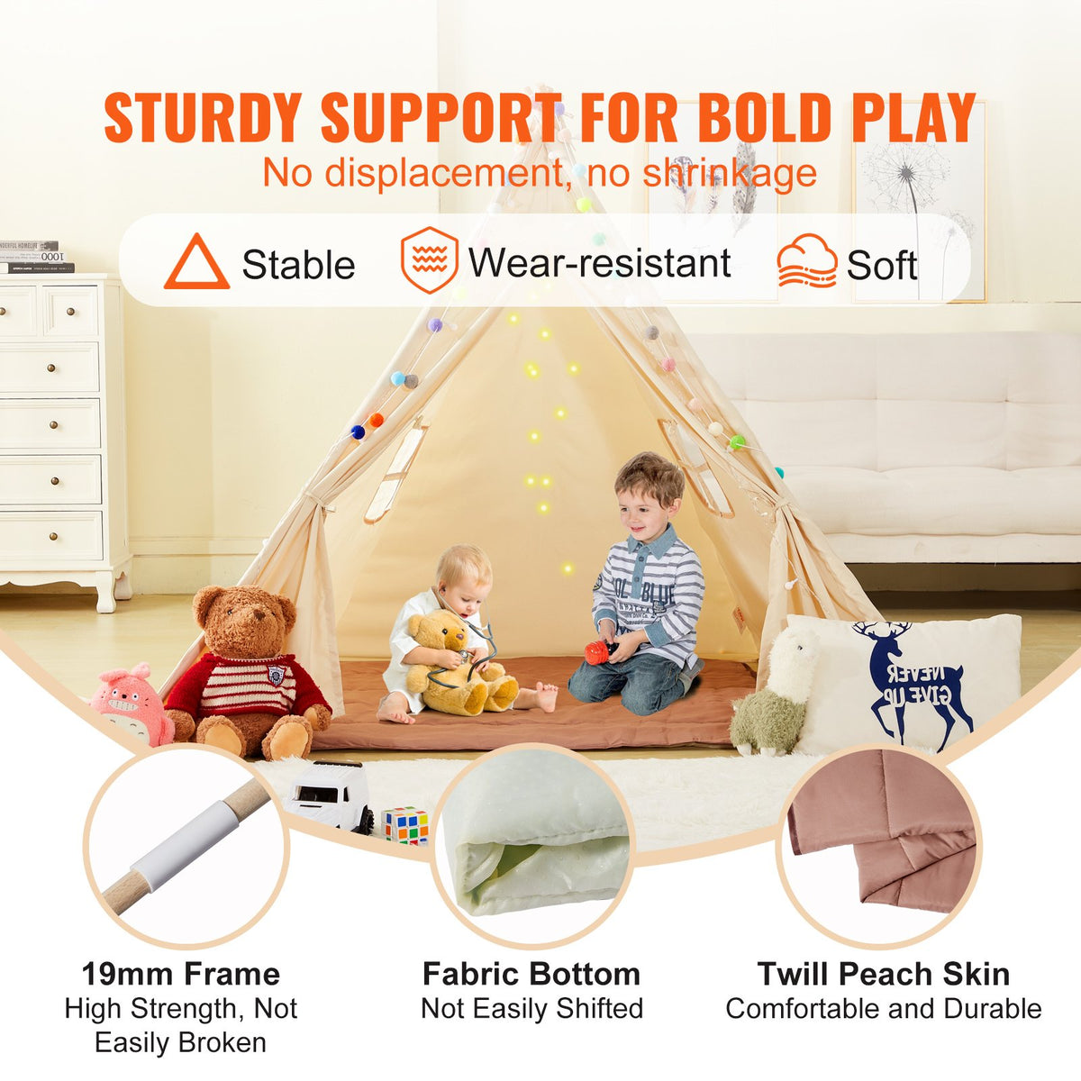 Beige HOMCOM kids teepee play tent with colorful decorative balls, mat inside, suitable for indoor and outdoor play.
