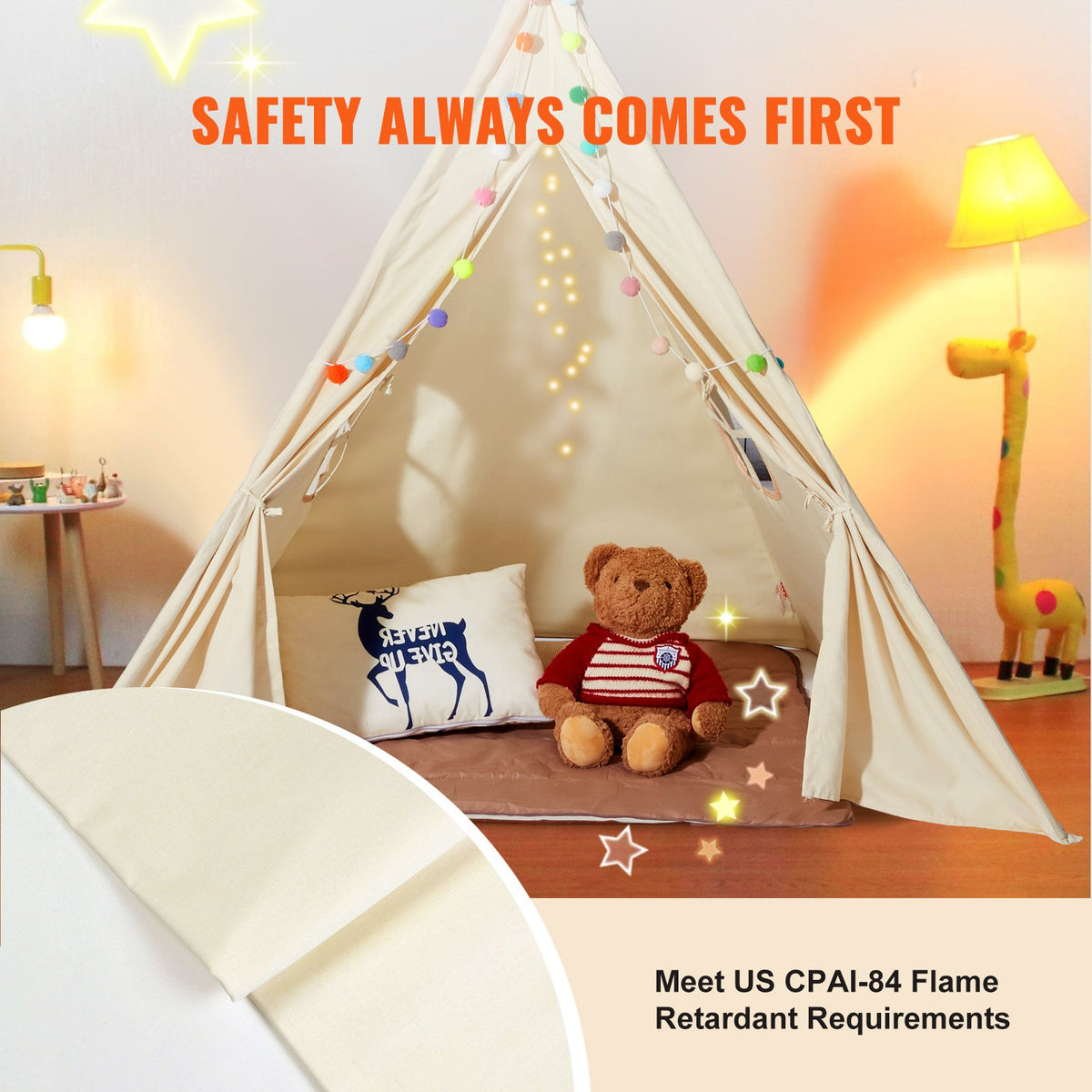Kids beige teepee play tent with colorful decorative balls, soft mat, suitable for indoor and outdoor play by HOMCOM.