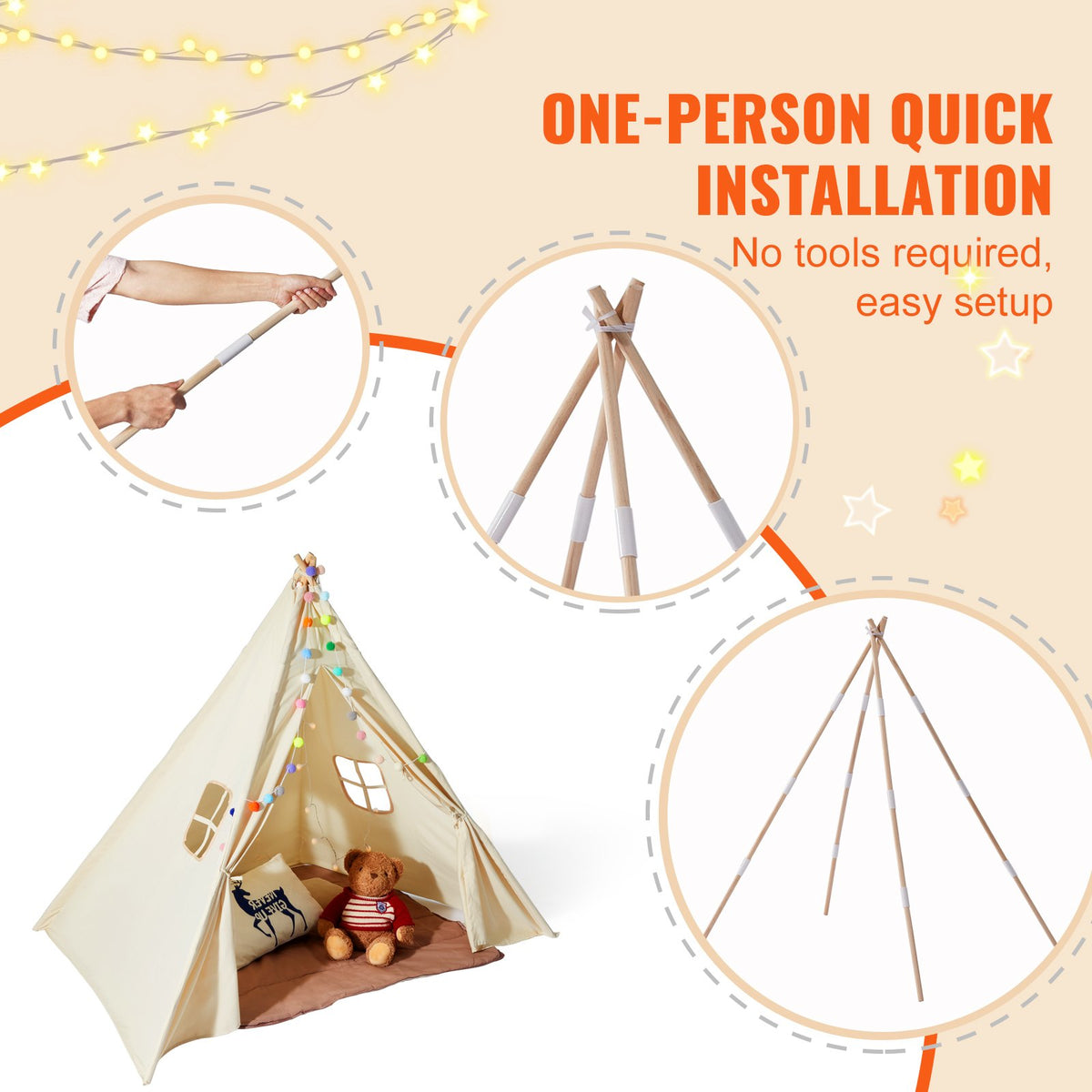 Beige HOMCOM kids teepee play tent with a mat and decorative balls, ideal for indoor and outdoor playspaces.