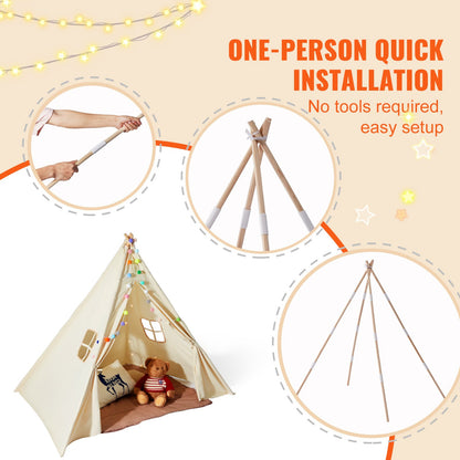 Beige HOMCOM kids teepee play tent with a mat and decorative balls, ideal for indoor and outdoor playspaces.