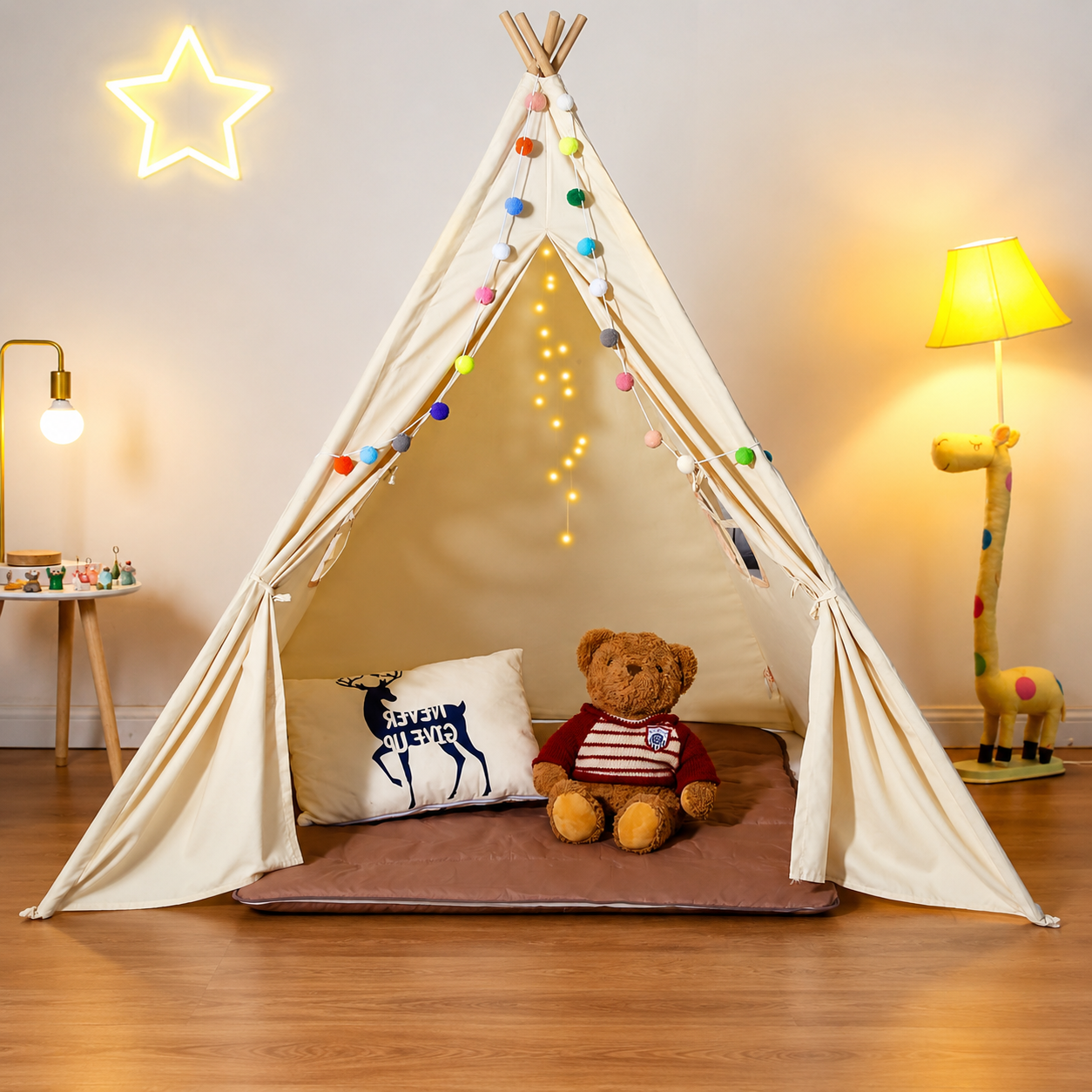 Beige HOMCOM kids teepee play tent with colorful decorative balls and soft mat, ideal for indoor and outdoor play.