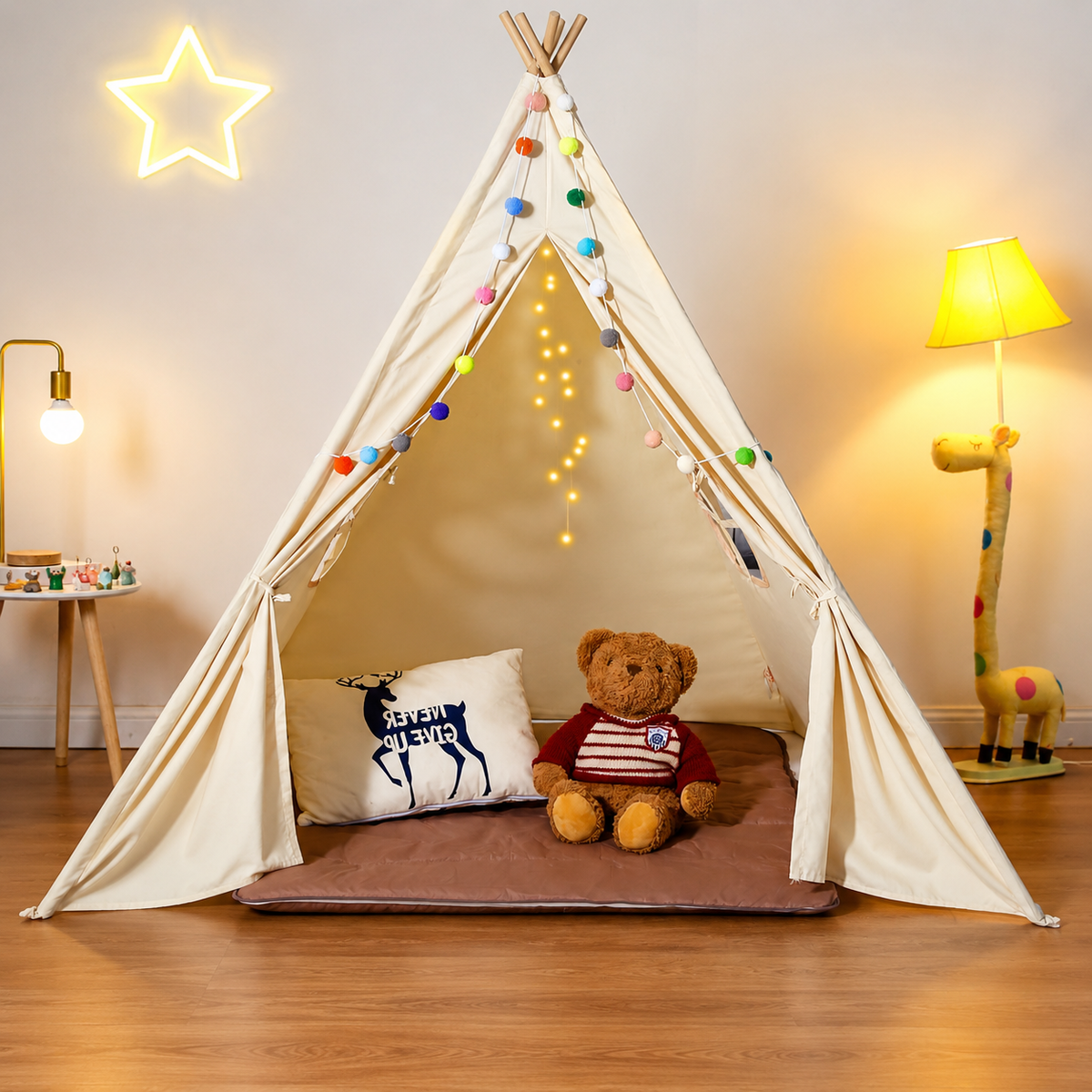 Beige HOMCOM kids teepee play tent with colorful decorative balls and soft mat, ideal for indoor and outdoor play.