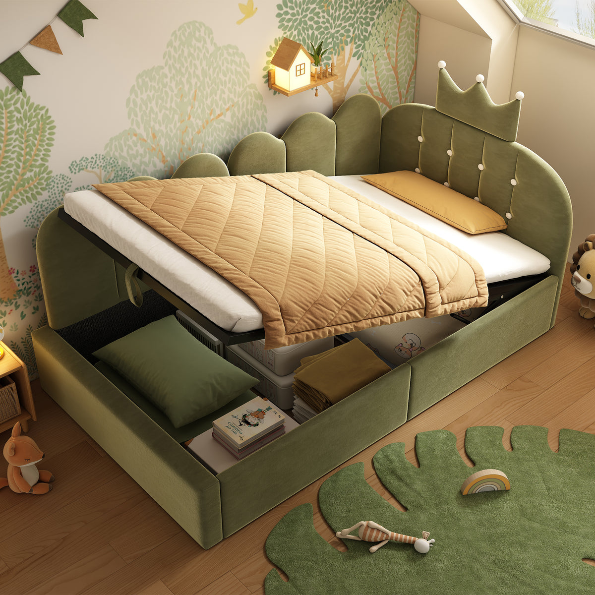 Green velvet daybed with crown headboard and hydraulic storage, 3ft single sofa bed by HOMCOM.