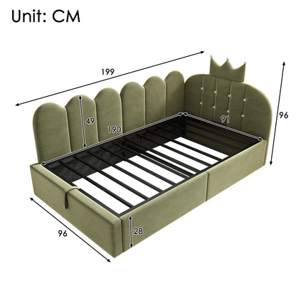 Green velvet daybed with crown headboard and hydraulic storage, 3ft single sofa bed by HOMCOM, featuring plush upholstery and elegant design.