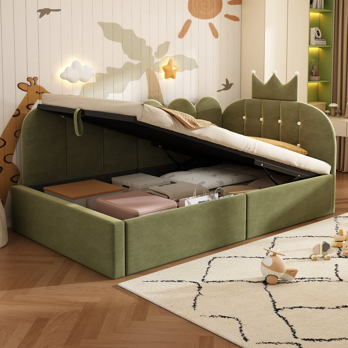 Green velvet HOMCOM daybed with hydraulic storage, 3ft single sofa bed and crown headboard, ideal for compact living spaces.