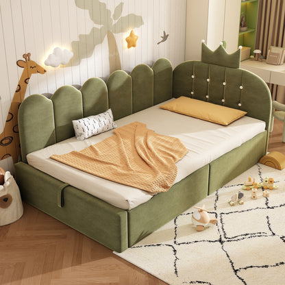 Green velvet daybed with crown headboard and hydraulic storage, 3ft single sofa bed by HOMCOM, stylish and functional bedroom furniture