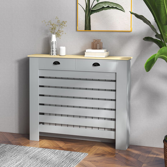 Grey HOMCOM radiator cover with drawer, measuring 95.5H x 111W cm, featuring a sleek design and functional storage drawer.