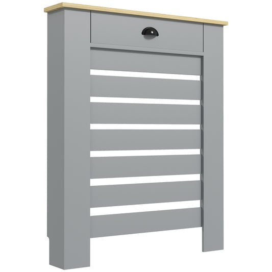 Grey HOMCOM radiator cover with a built-in drawer, measuring 95.5H x 78W cm, featuring a sleek and functional design.