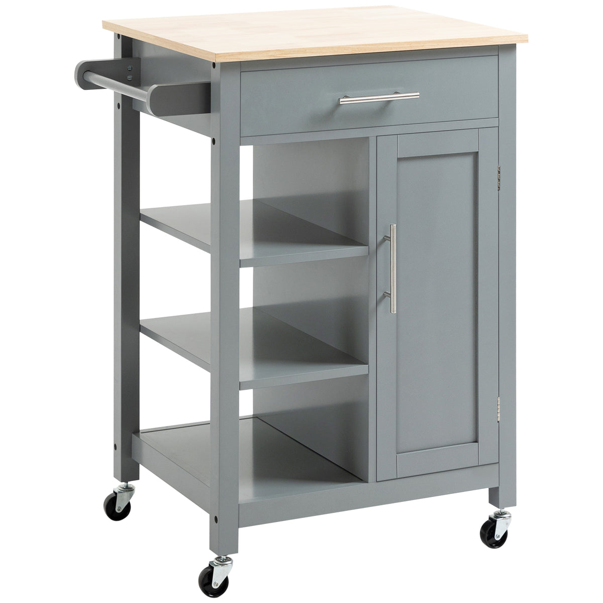 Grey HOMCOM compact kitchen trolley with open shelf, storage drawer, and wheels for easy mobility in dining and kitchen areas.