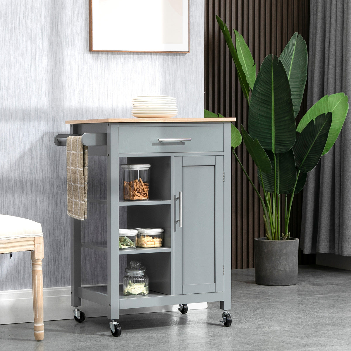 Grey HOMCOM compact kitchen trolley with wheels, open shelf, and storage drawer for dining room and kitchen organization.