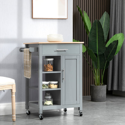 Grey HOMCOM compact kitchen trolley with wheels, open shelf, and storage drawer for dining room and kitchen organization.