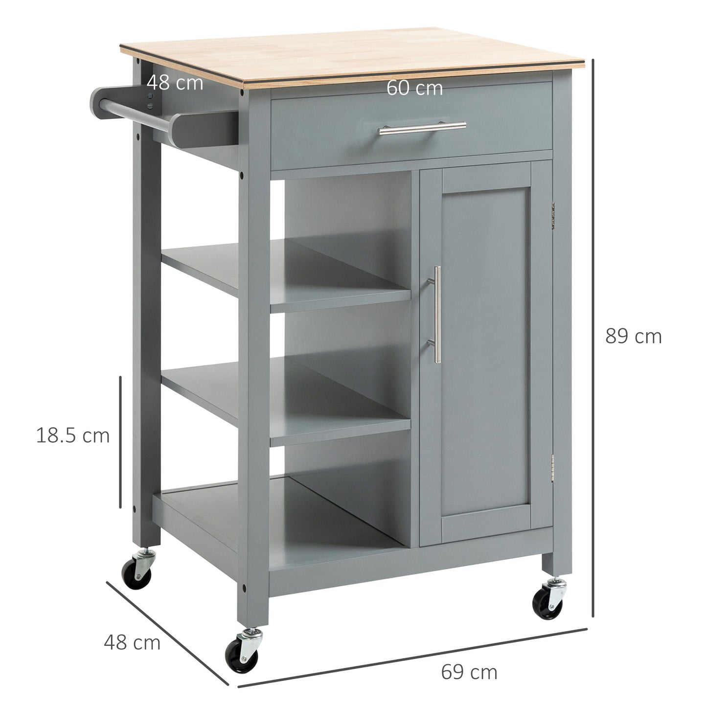 Grey HOMCOM compact kitchen trolley with wheels, open shelf, and storage drawer, ideal for dining room and kitchen organization.