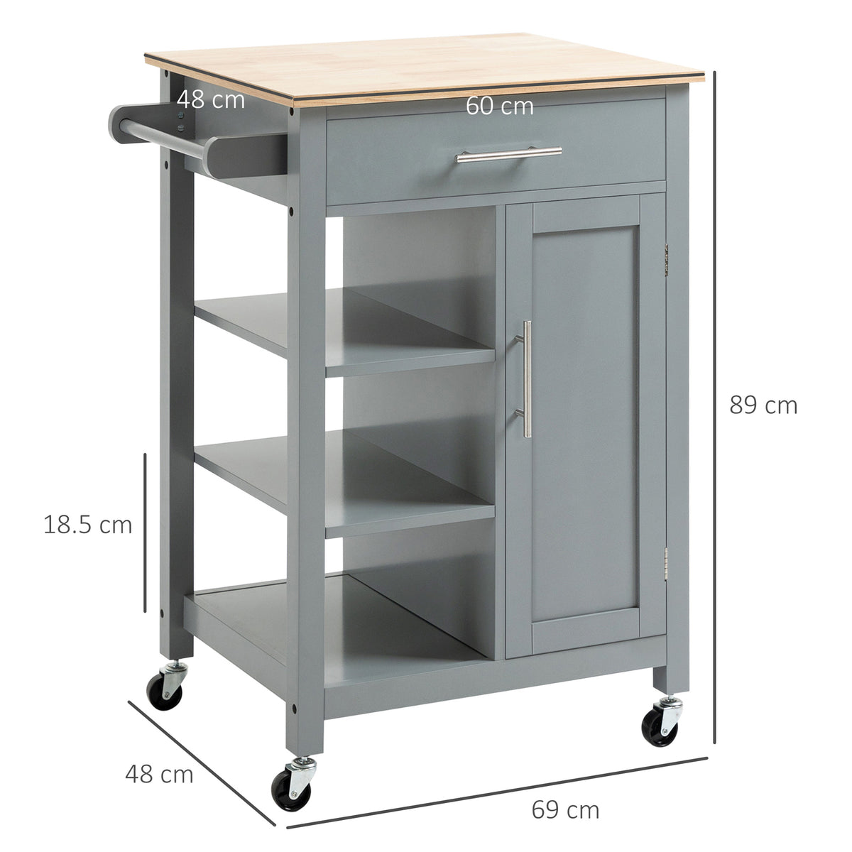 Grey HOMCOM compact kitchen trolley with wheels, open shelf, and storage drawer, ideal for dining room and kitchen organization.