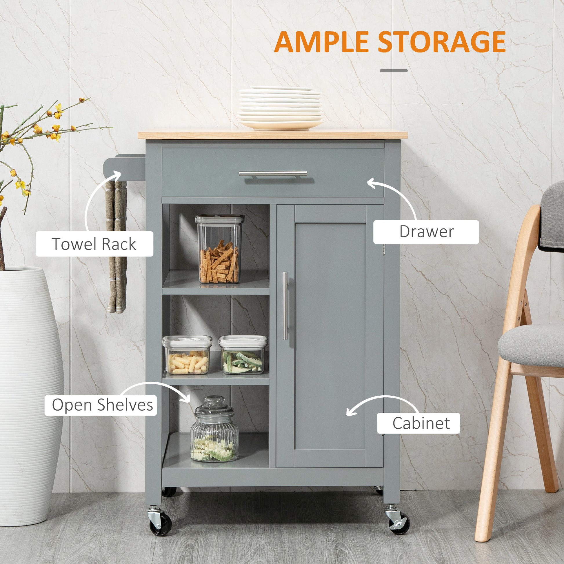 Grey HOMCOM compact kitchen trolley on wheels with open shelf and storage drawer, ideal for dining room and kitchen use.
