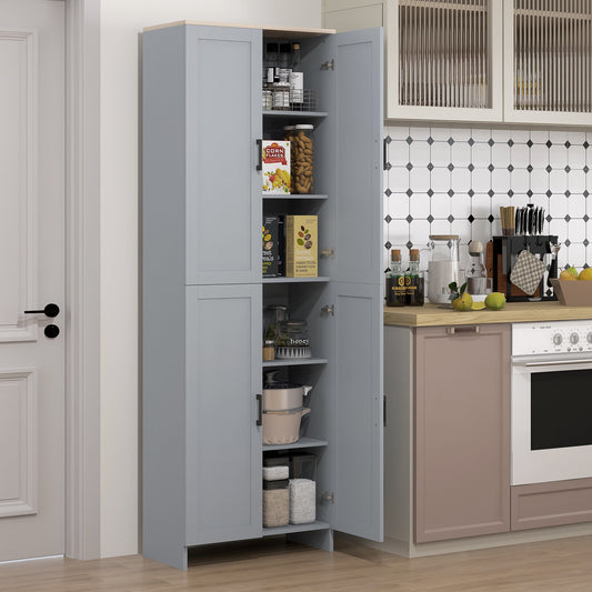 Grey HOMCOM freestanding kitchen cupboard with four doors and adjustable shelves, ideal for modern pantry or dining room storage.