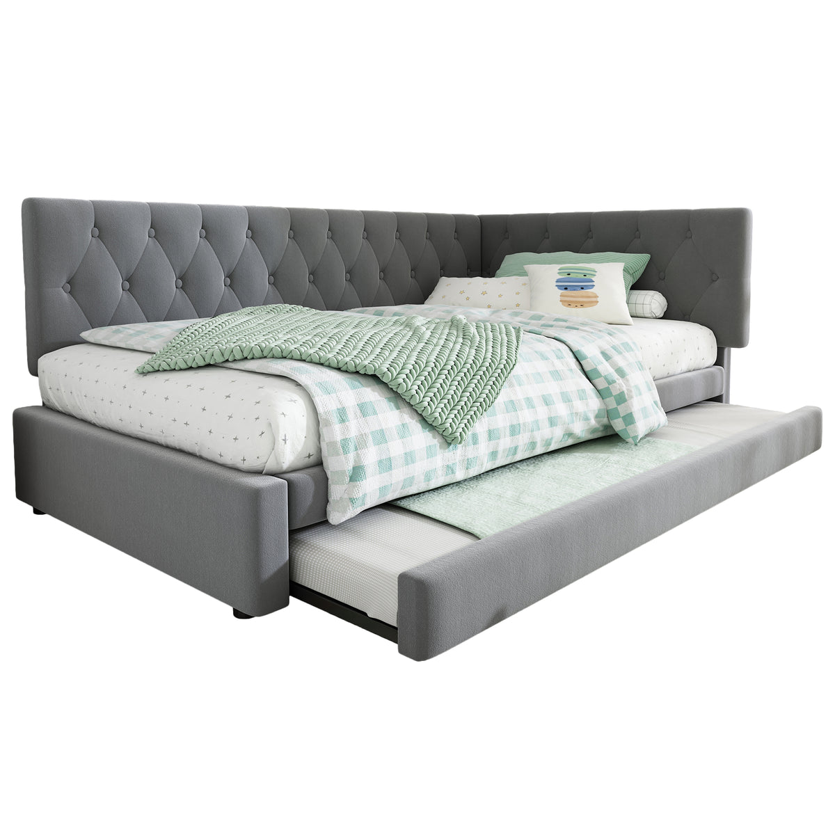 HOMCOM grey velvet daybed with pull-out trundle bed, 3ft single sofa bed for guests and kids, with plush cushioning and sleek design.