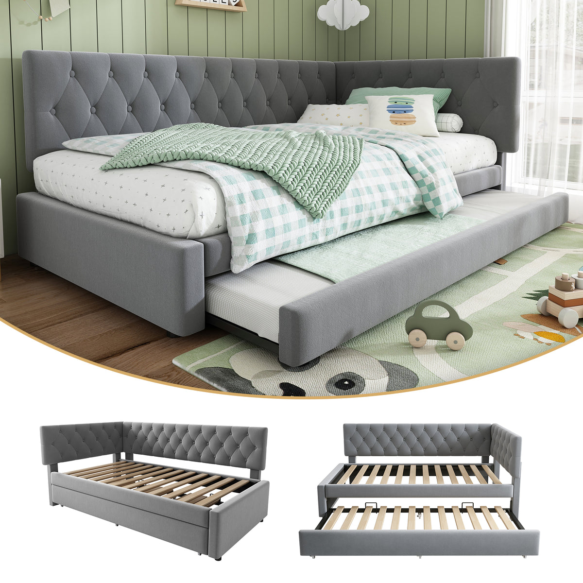 Grey velvet HOMCOM daybed with pull-out trundle bed, 3ft single sofa bed ideal for guests and kids, modern and comfortable design.