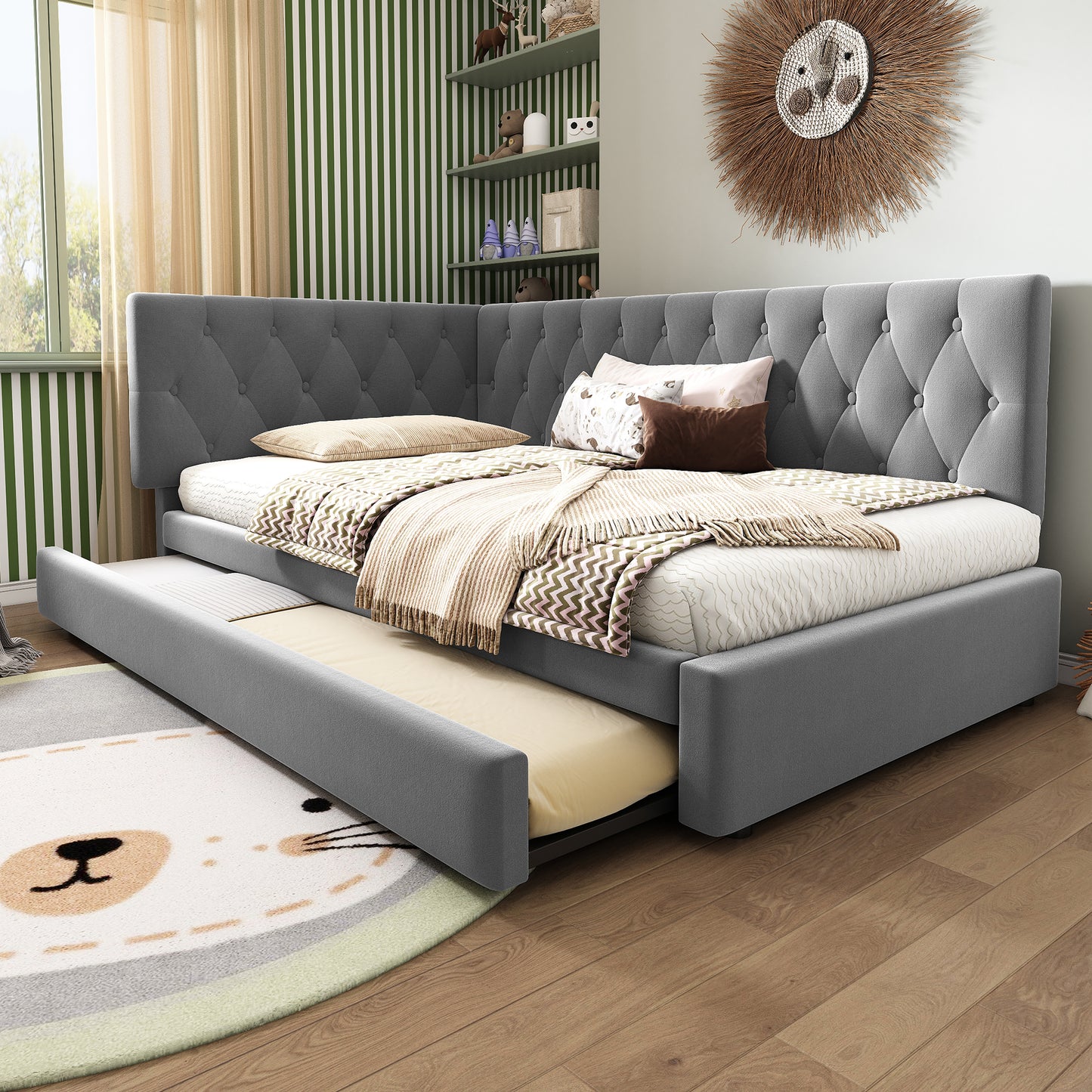 Grey velvet HOMCOM daybed with pull-out trundle, 3ft single sofa bed for guests and kids, featuring a modern design.