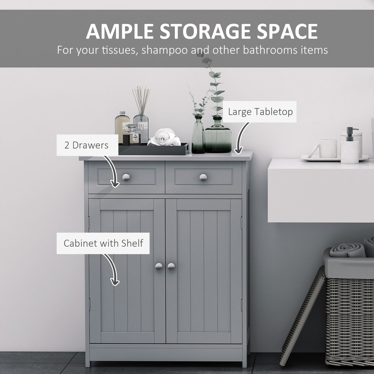 Grey HOMCOM Kleankin bathroom storage cabinet with drawers and adjustable shelf, freestanding design for organized bathroom storage.