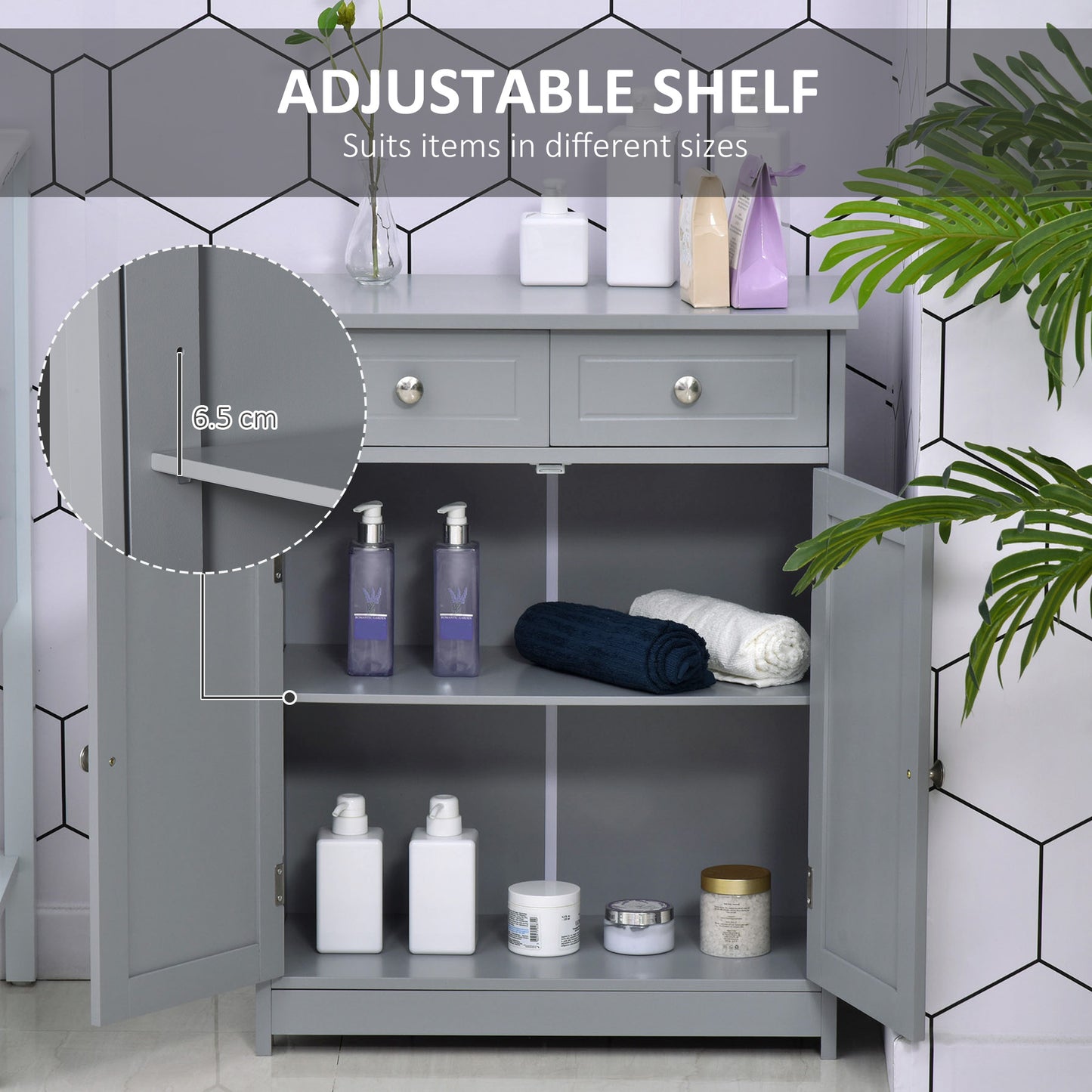 Grey HOMCOM Kleankin bathroom storage cabinet with drawers and adjustable shelf, freestanding design for organized bathroom space.