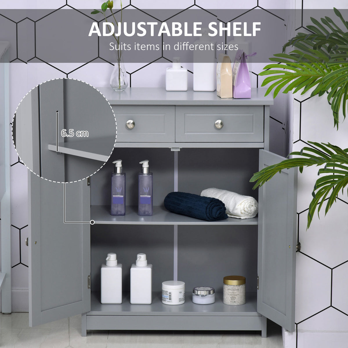 Grey HOMCOM Kleankin bathroom storage cabinet with drawers and adjustable shelf, freestanding design for organized bathroom space.