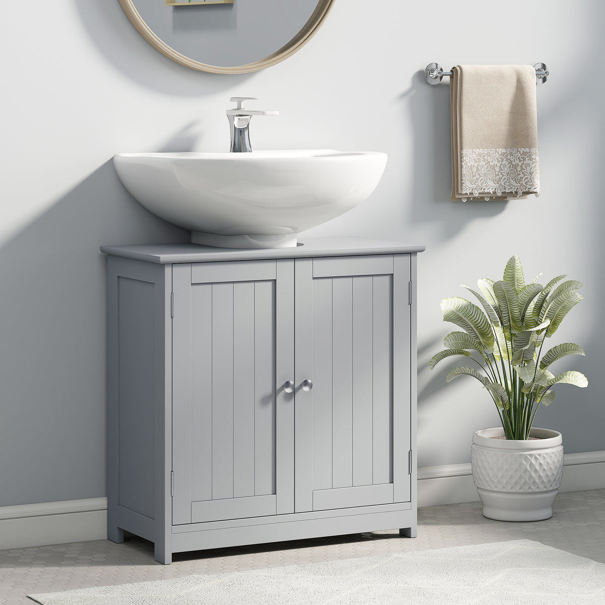 HOMCOM Grey under sink bathroom cabinet with adjustable shelf, freestanding vanity storage unit for organized bathroom space.