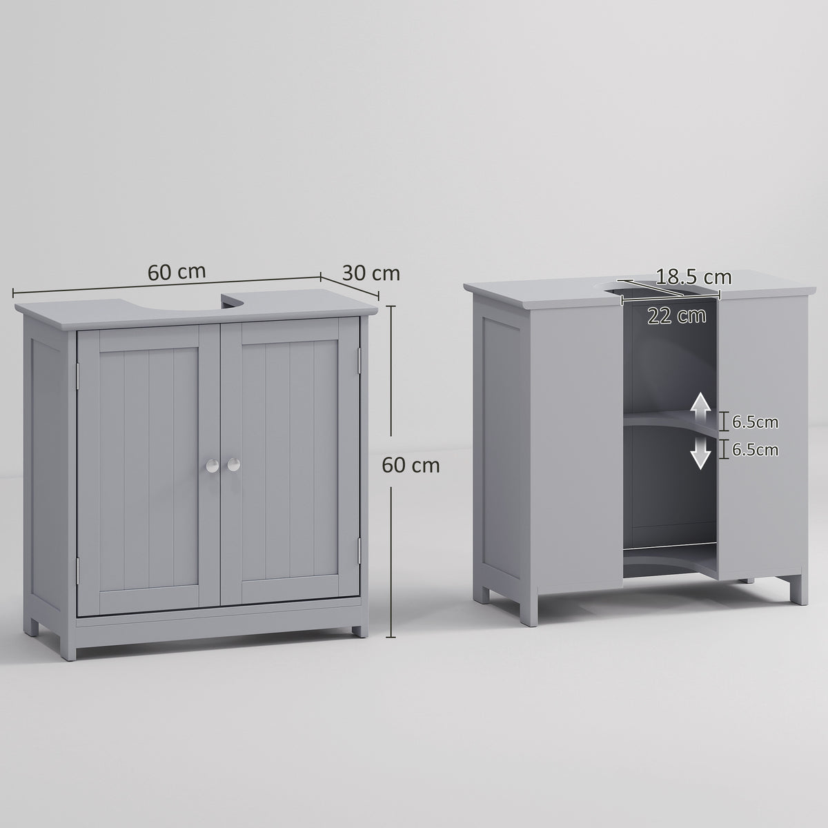 HOMCOM Grey under sink bathroom cabinet with adjustable shelf, freestanding vanity storage unit for bathroom organization.