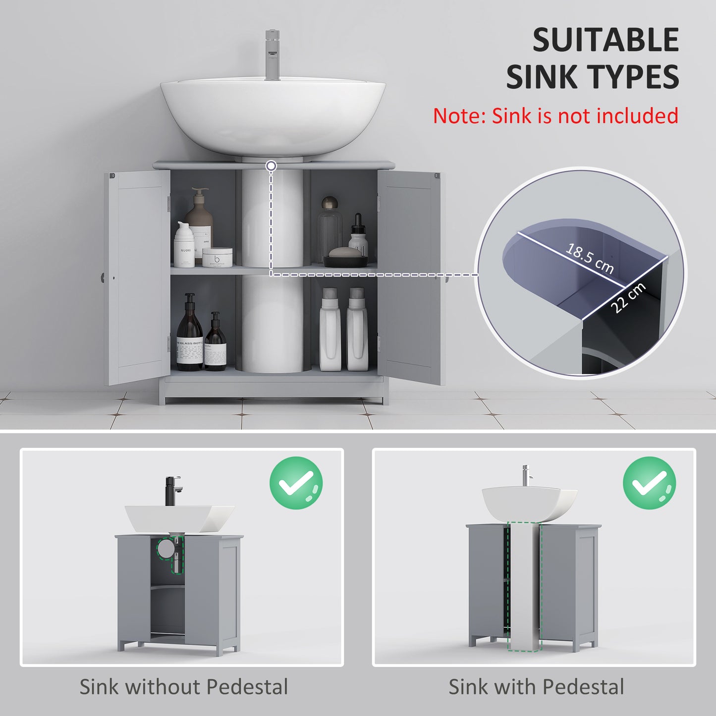 HOMCOM grey under sink bathroom cabinet with adjustable shelf, freestanding vanity storage unit for bathroom organization.