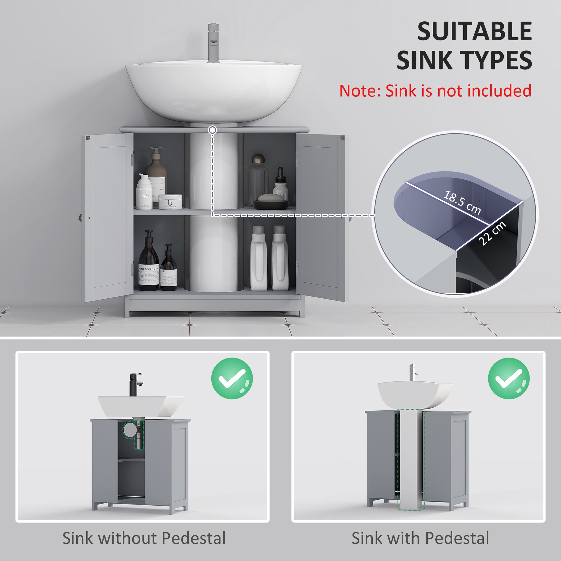 HOMCOM grey under sink bathroom cabinet with adjustable shelf, freestanding vanity storage unit for bathroom organization.