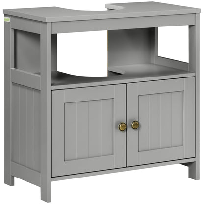 HOMCOM Kleankin under sink bathroom cabinet in light grey with shelves, vanity storage unit for organized bathroom space.
