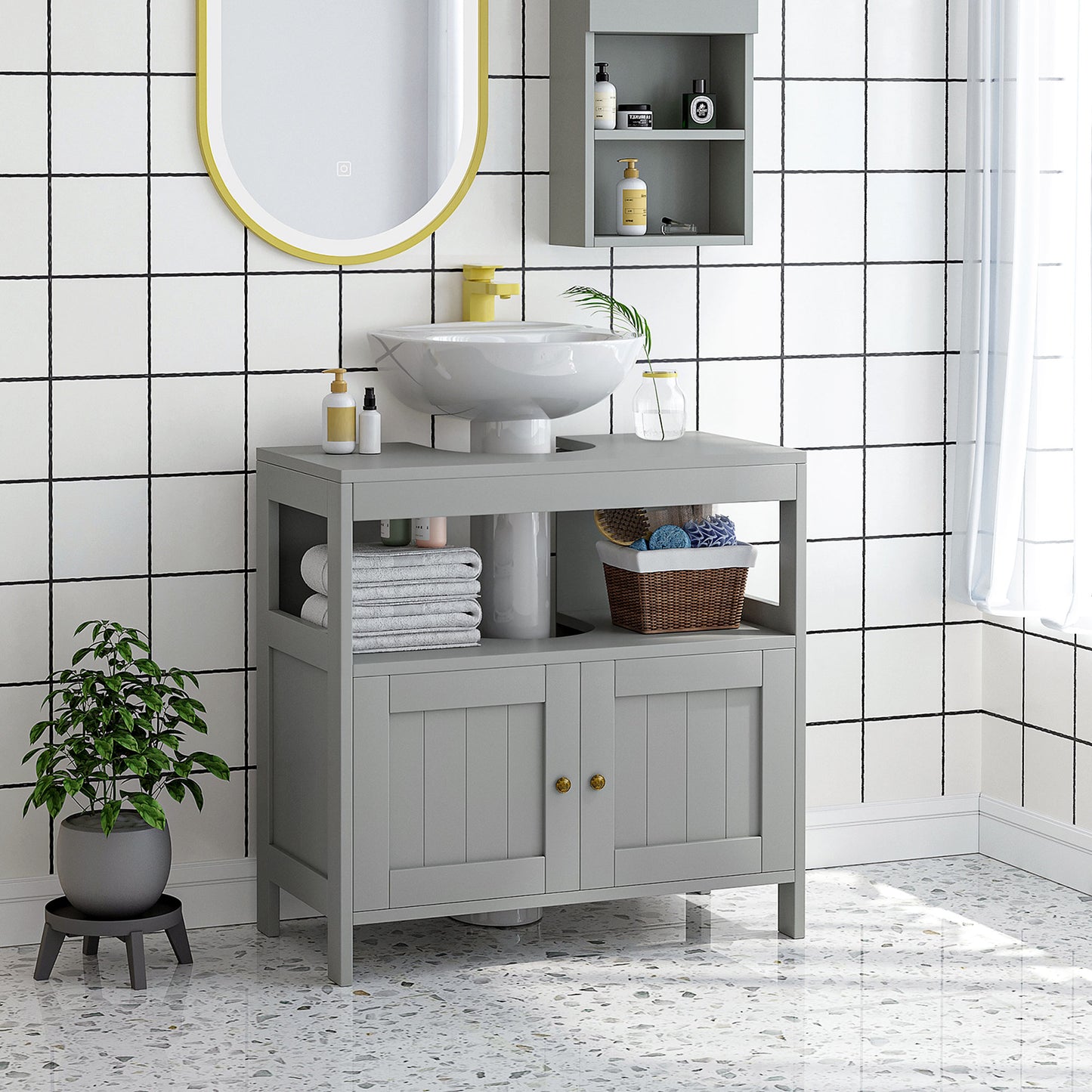 HOMCOM Kleankin under sink bathroom cabinet in light grey with shelves for bathroom vanity storage and organization.