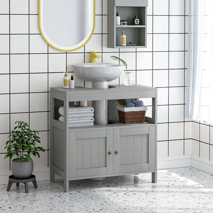 HOMCOM Kleankin under sink bathroom cabinet in light grey with shelves for bathroom vanity storage and organization.