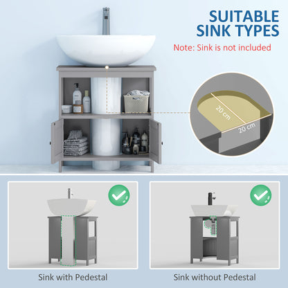 HOMCOM Kleankin under sink bathroom cabinet in light grey with shelves for vanity storage and organization.