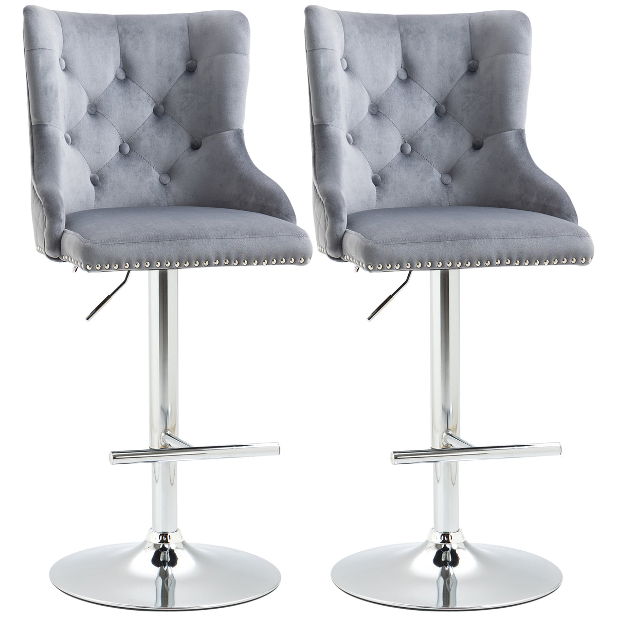 Set of 2 grey velvet bar stools by HOMCOM with tufted backrest, adjustable height, and swivel seat for breakfast bar seating.