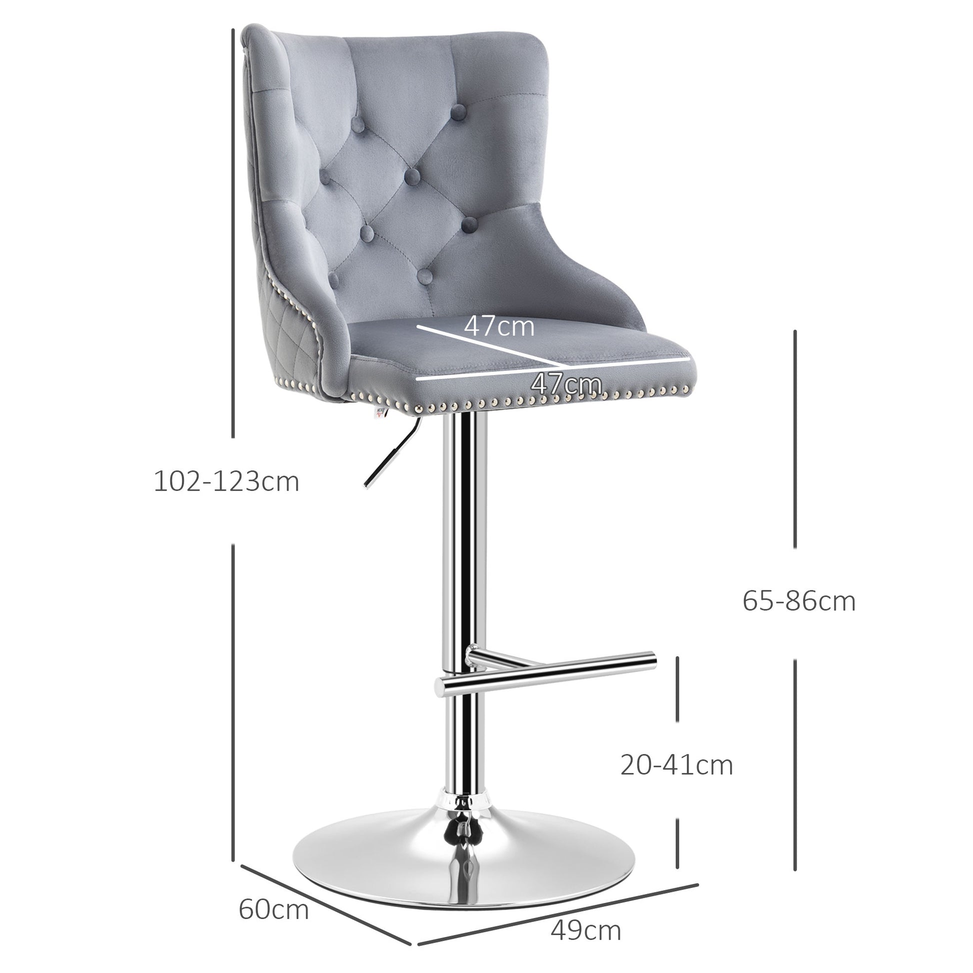 Set of 2 HOMCOM grey velvet bar stools with tufted backrests, adjustable height, and swivel feature for breakfast bar seating.
