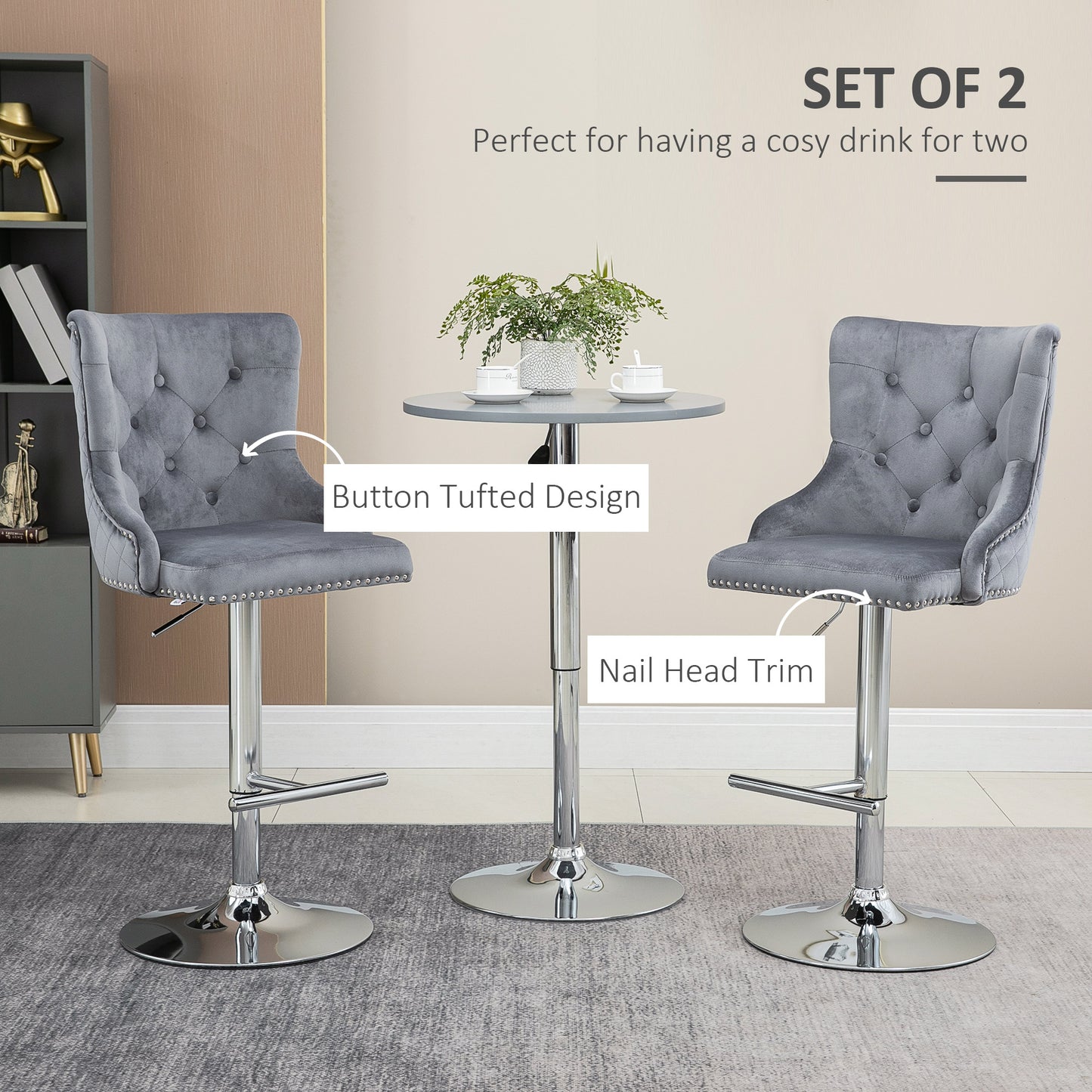 Set of 2 grey velvet bar stools by HOMCOM with adjustable height, swivel feature, and tufted backrest for breakfast bar seating.