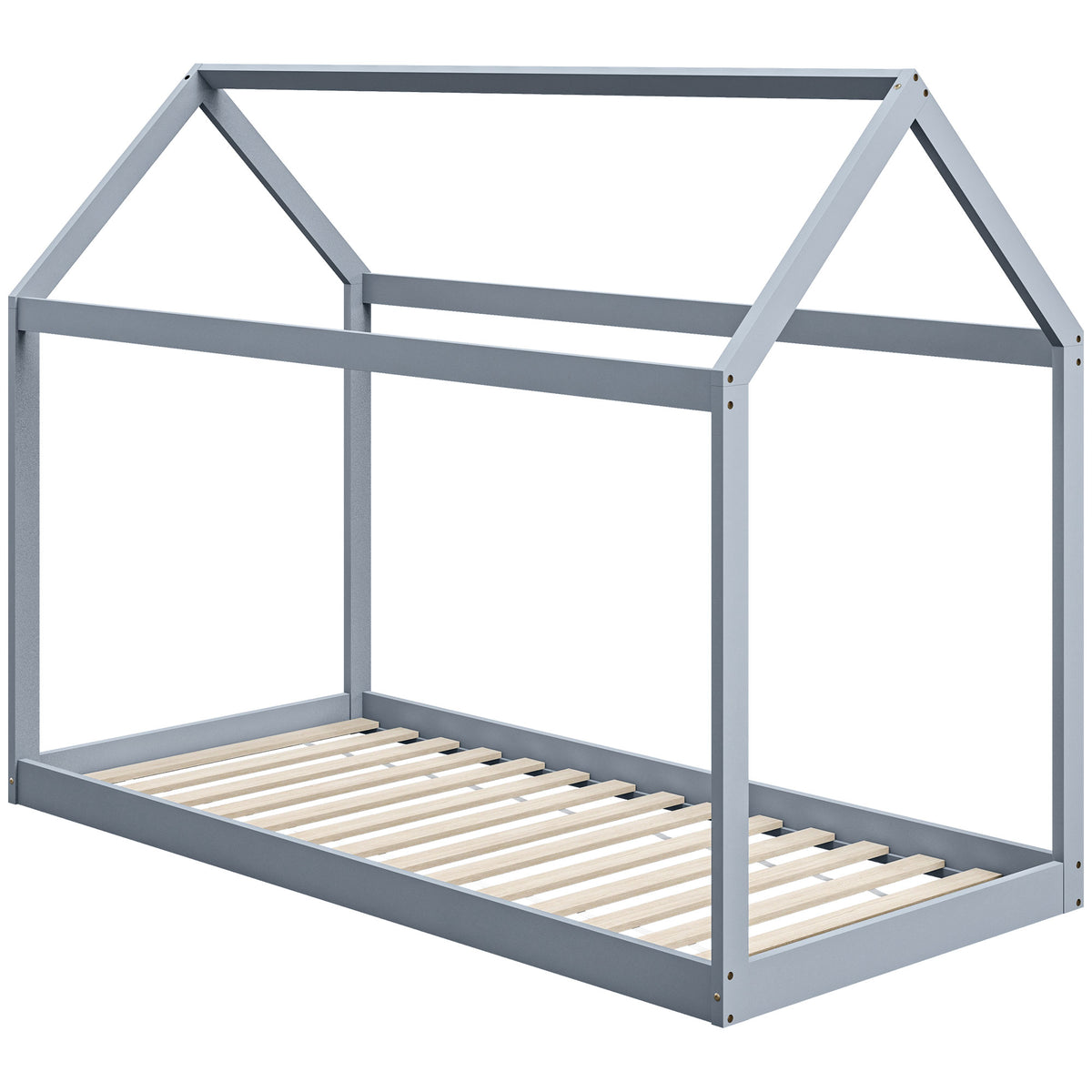 Grey Scandinavian-style wooden single bed frame for 90W x 190Dcm mattress, with pine wood construction and simple design.