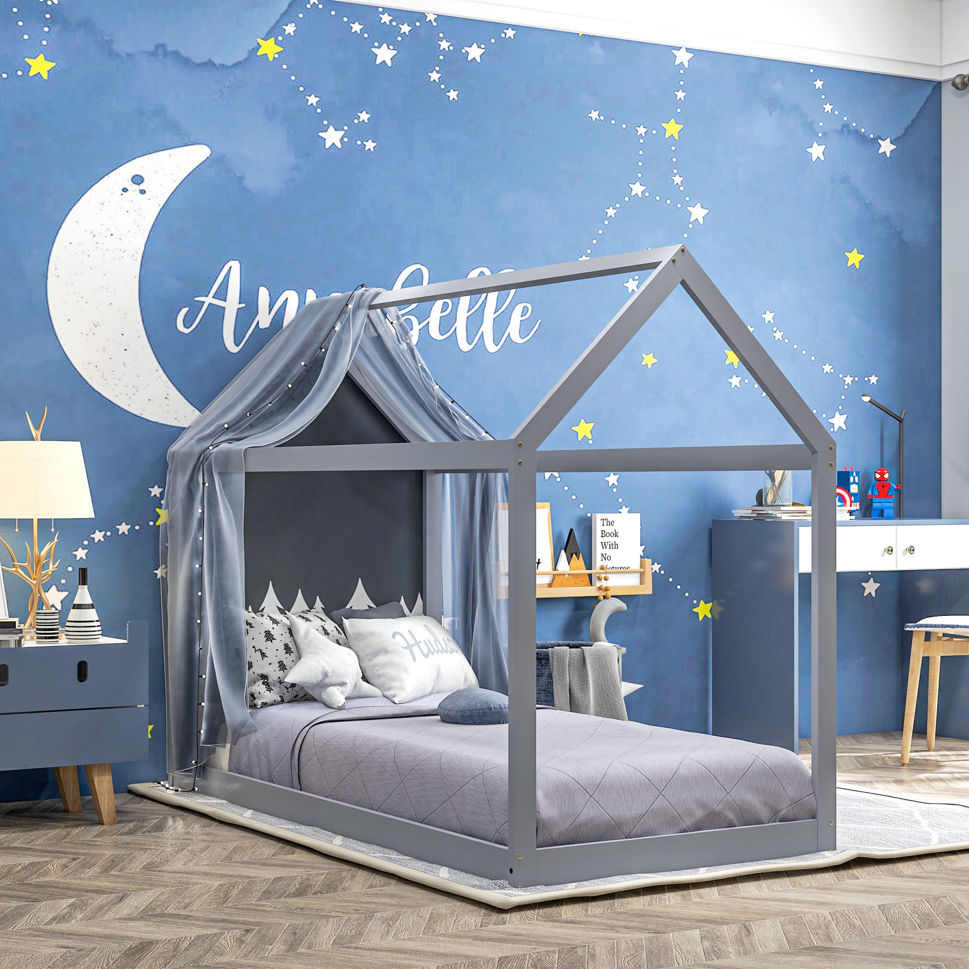 Grey HOMCOM Scandinavian-style single bed frame with pine wood base for 90W x 190Dcm mattress, showcasing a sleek, modern design.