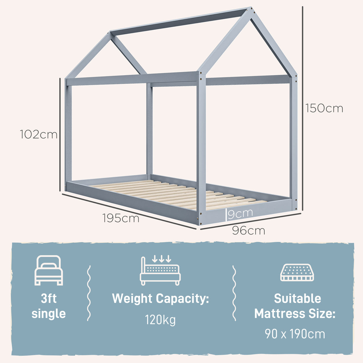Grey Scandinavian-style single bed frame with pine wood construction, designed for 90W x 190Dcm mattress, by HOMCOM.