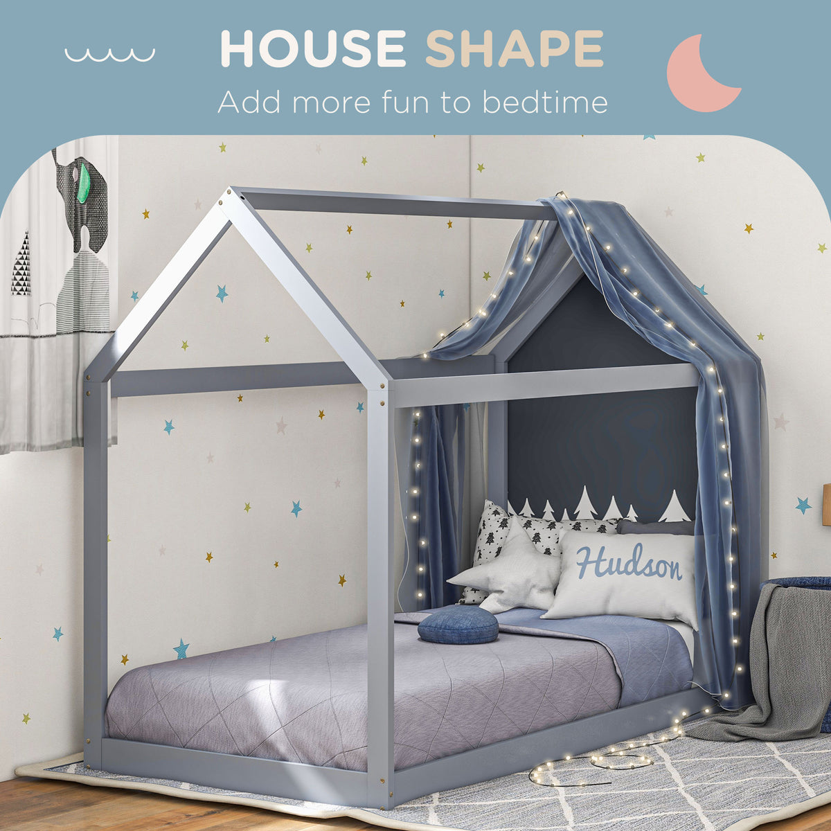 Grey Scandinavian-style single bed frame by HOMCOM with pine wood construction, designed for 90W x 190Dcm mattress.