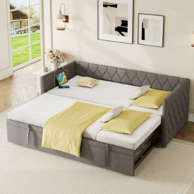 Grey upholstered HOMCOM daybed with pull-out trundle, USB charging station, and linen fabric, featuring a sleek sofa bed design.