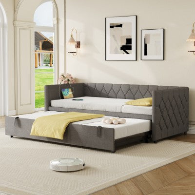 Grey linen upholstered daybed with pull-out trundle and USB charging station, HOMCOM sofa bed for versatile living space.