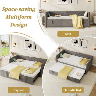 Grey upholstered HOMCOM daybed with pull-out trundle and USB charging station, featuring linen fabric and a sleek sofa bed design.